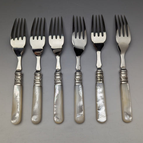 Around 1890 British Antique White Pearl Shell Handle Cutlery 6 Pair Set in Wooden Box Joseph Elliot